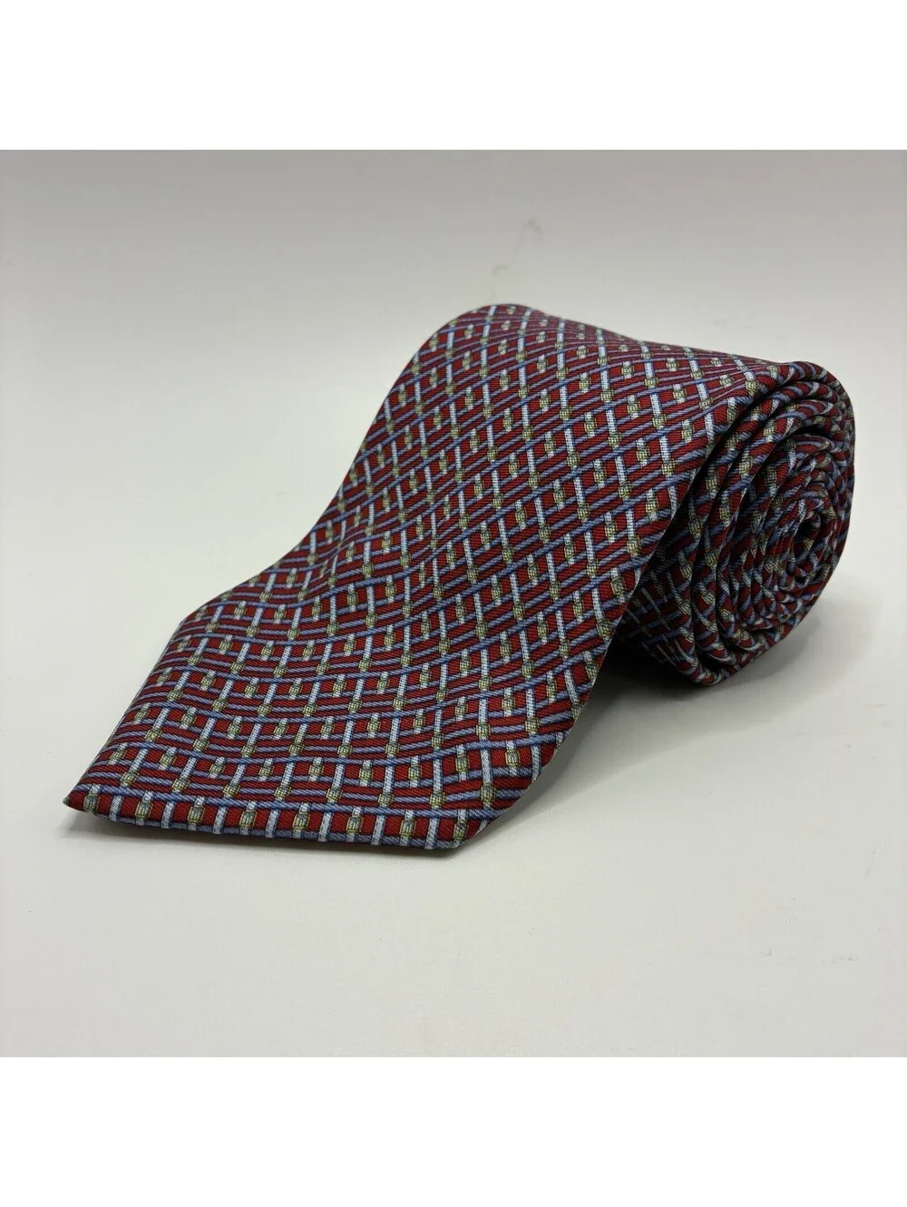 Brooks Brothers Makers Silk Tie Men Bit Link Geometric Pattern Navy Orange USA